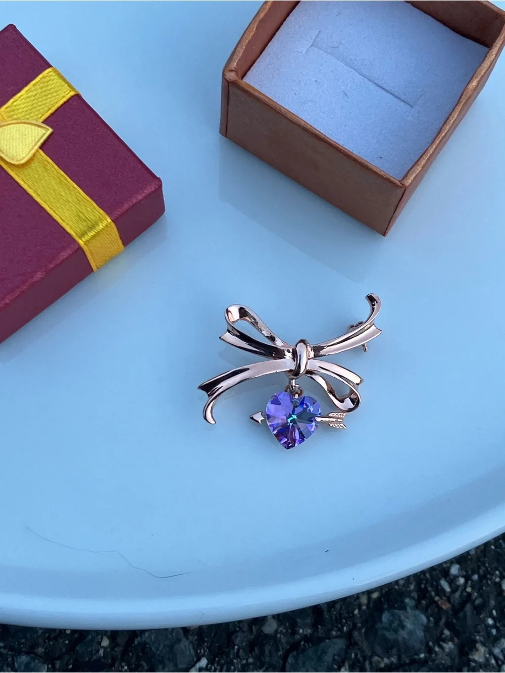 Rose Gold Bow with Hanging Purple & Blue Crystal Heart Brooch INCLUDES GIFT BOX